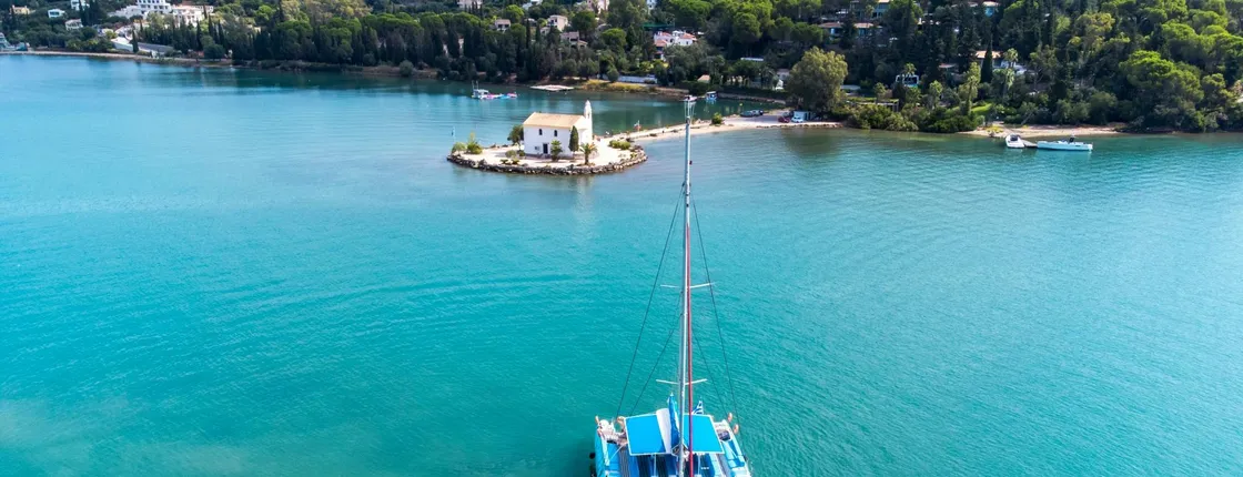 Corfu catamaran cruise with Greek lunch, drinks and optional transfers